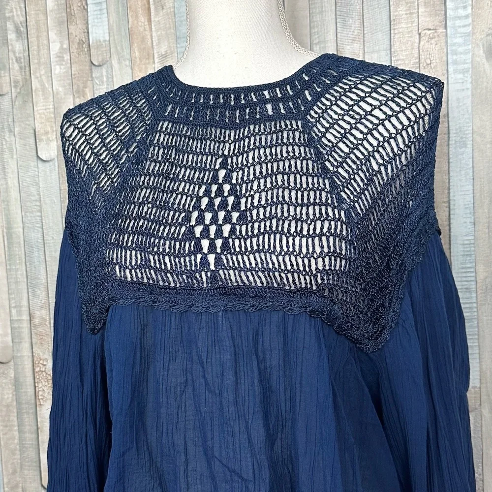 Free People M Navy Blue Gauze Crochet Lace Bib‎ Early Frost Top Blouse Boho
